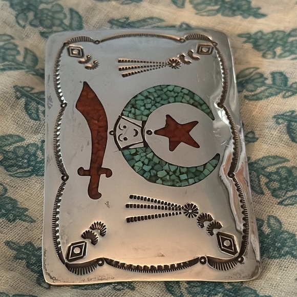 Navajo Sterling Silver Turquoise & Coral Chip Inlay  Belt Buckle - Picture 3 of 9